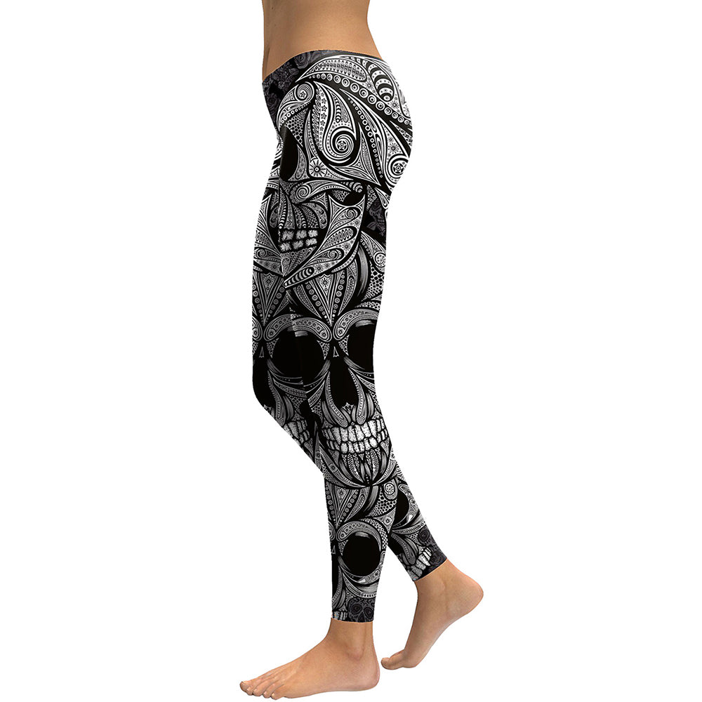 Skull Head - Digital Print Rose Fitness Leggings - Love For Leggings