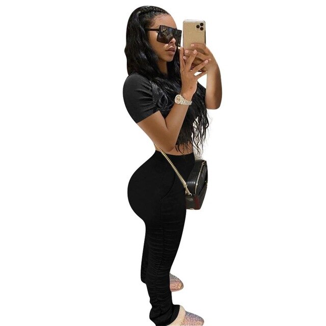 Cotton Lounge wear Solid Two Piece Set Summer T Shirt Crop Top with Ruched Stacked Leggings Bodycon Sport Tracksuit Women Outfit