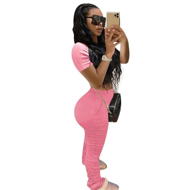 Cotton Lounge wear Solid Two Piece Set Summer T Shirt Crop Top with Ruched Stacked Leggings Bodycon Sport Tracksuit Women Outfit