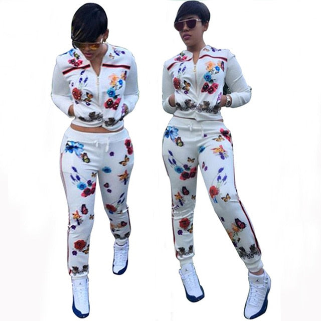 Women Two Piece Set Print Butterfly Flower Tracksuit Long Sleeve Top+Pant Sweat Suits Lounge Wear Outfits Matching Sets Femme