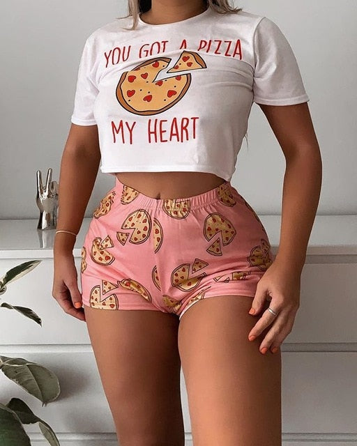 OMSJ 2020 Women Two Piece Set Summer Short Sleeve Crop Top and Shorts Pizza Pattern Print Matching Suit Lady Lounge Wear Outfits