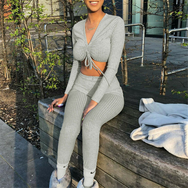 Hirigin Autumn Two Pieces Women Knit Crop Top Lounge Wear Suit Ladies Workout 2pcs Tracksuit Set Casual Fitness Women Set