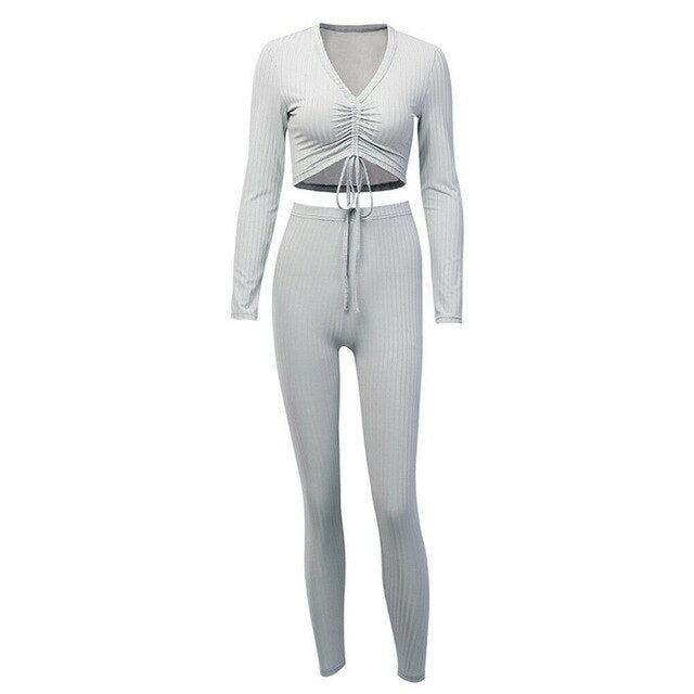 Hirigin Autumn Two Pieces Women Knit Crop Top Lounge Wear Suit Ladies Workout 2pcs Tracksuit Set Casual Fitness Women Set