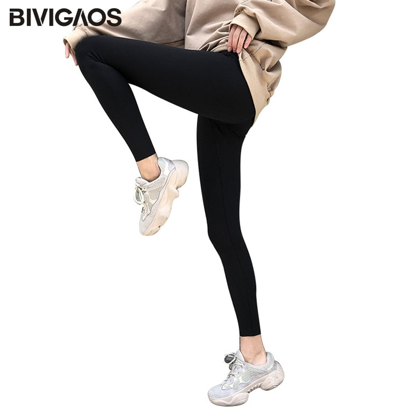 BIVIGAOS New Women Sharkskin Black Leggings Thin Workout Stretch Sexy Fitness Leggings Skinny Legs Slimming Sport Leggings