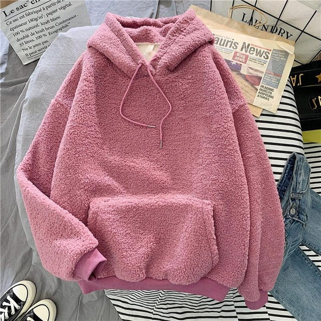 new Autumn Winter Thick Warm Coat Velvet Cashmere Women Hoody Sweatshirt Solid Blue Pullover Casual Tops lady Loose Long Sleeve
