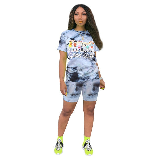 2020 Two Piece Set Women Clothes Tie Dye Cartoon T- Shirt & Biker Shorts Set Sweat Suits Lounge Wear Outfits Ensemble Femme
