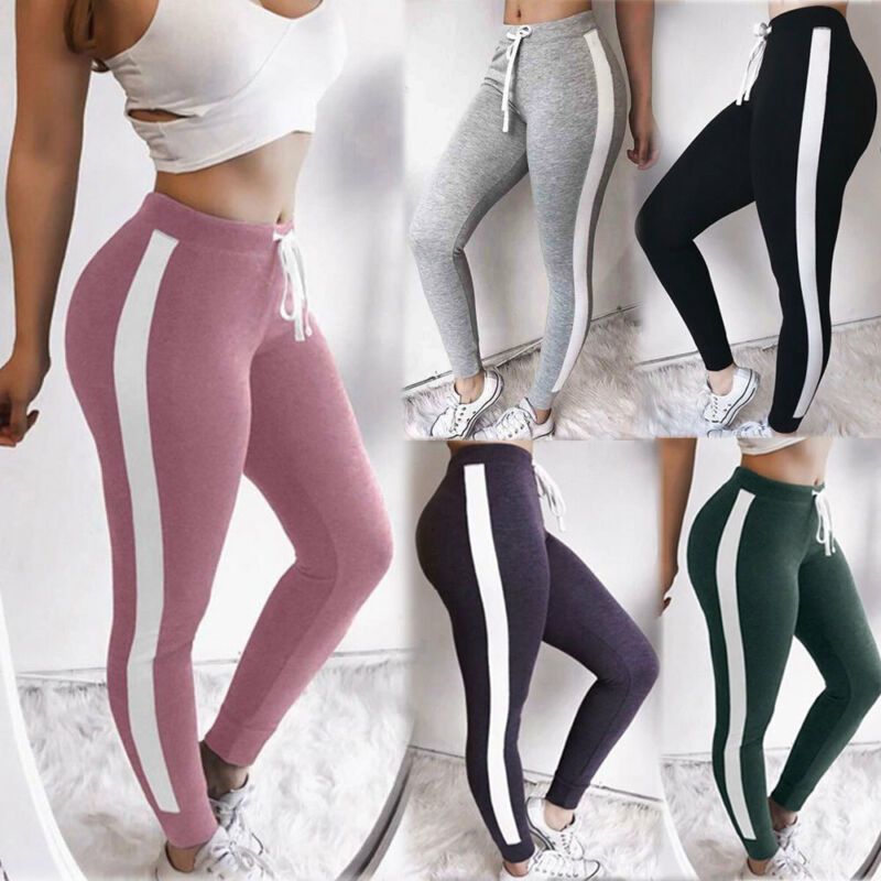 Women Striped Sport Pants High Waist Skinny Slim Fitness Leggings Running Gym Stretch Trousers Workout Pants