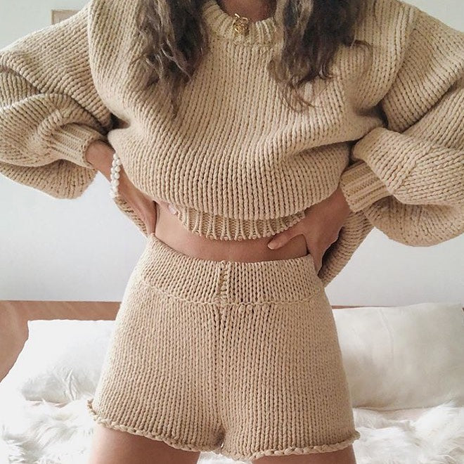 2PCS/Set Women Tracksuit Set Ladies Lounge Wear Cable Knit Crop Top Lounge Wear Suit Solid Crop Top Shirts Shorts Pants Clothes
