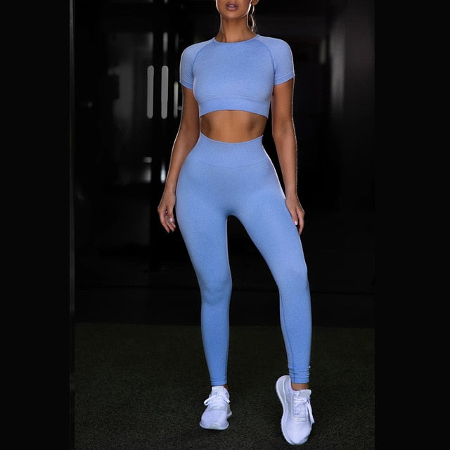 Shirts Legging Work-out Suit 2 Piece Sports Short Sleeve Crop Top High Waist Running Legging Set Gym Clothing Fitness Tracksuit
