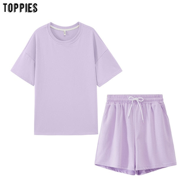 toppies summer tracksuits womens two peices set leisure outfits cotton oversized t-shirts high waist shorts candy color clothing