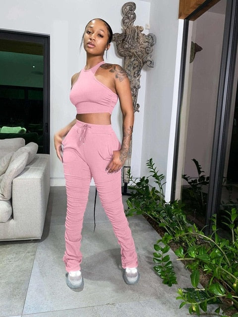 Fitness Stacked Leggings Tracksuit Women Summer Lounge wear Sleeveless Tank Crop Top with Sweatpants Two Piece Set Jogging Femme