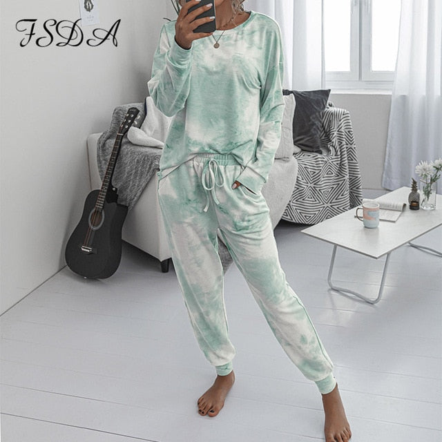 FSDA 2020 Women Set Tie Dye Long Sleeve Top Shirt O Neck And Pants Tracksuit Two Piece Set Casual Outfit Lounge Wear