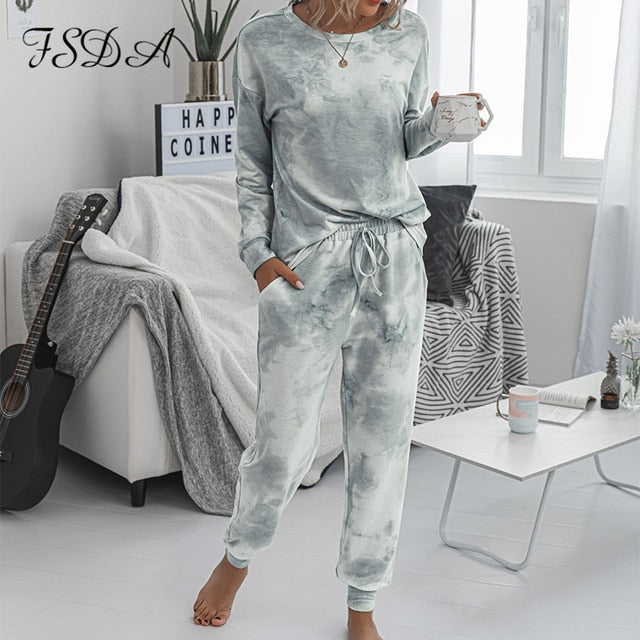 FSDA 2020 Women Set Tie Dye Long Sleeve Top Shirt O Neck And Pants Tracksuit Two Piece Set Casual Outfit Lounge Wear