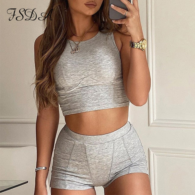 FSDA 2020 Gray Two Piece Set O Neck Sleeveless Crop Top White And Shorts Biker Casual Women Set Summer Sport Outfit Ribber