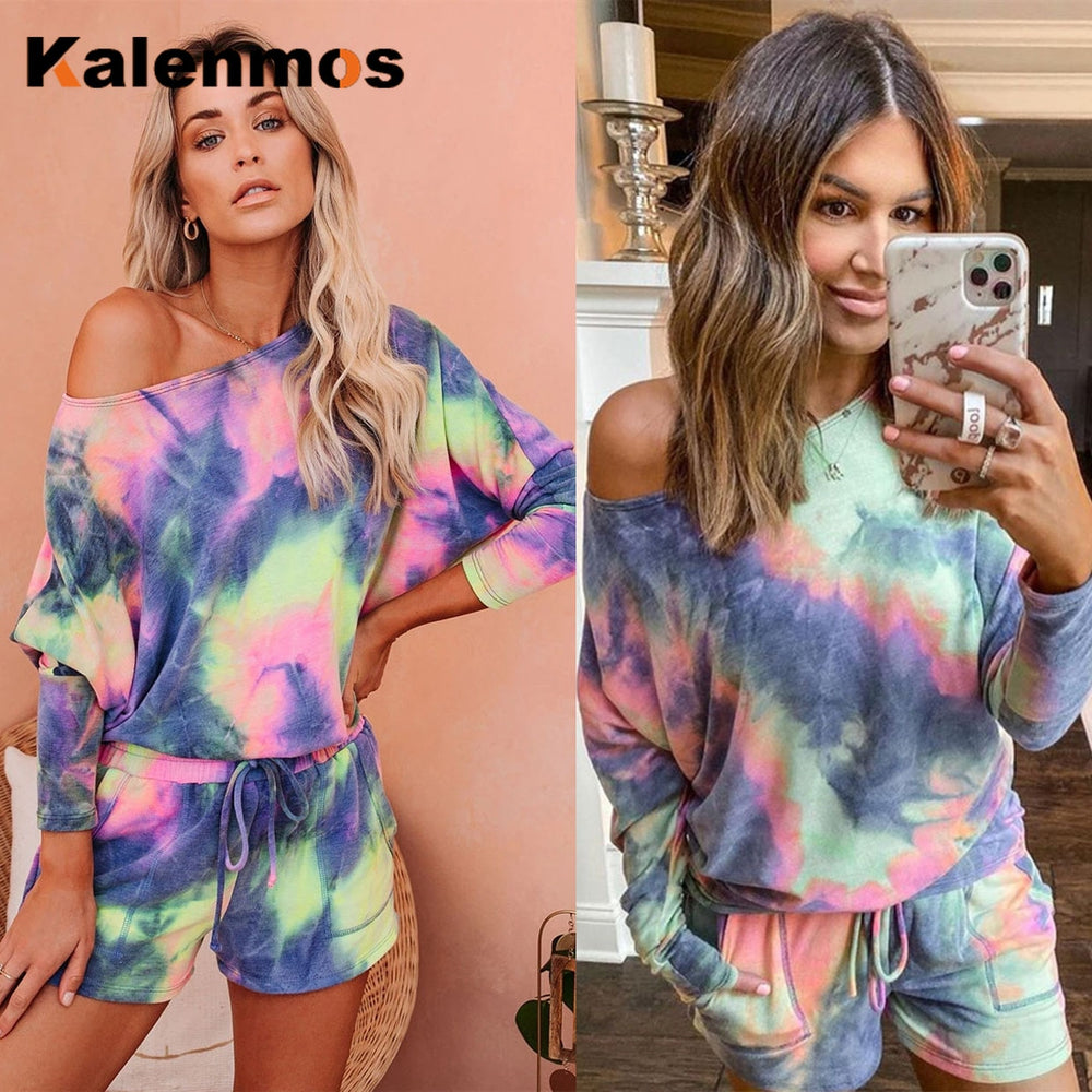 KALENMOS 2 Piece Sets Women Tie Dye Gradient Homewear Casual Tshirt Biker Shorts Sports Tracksuits Sleepwear Pajamas Lounge Wear