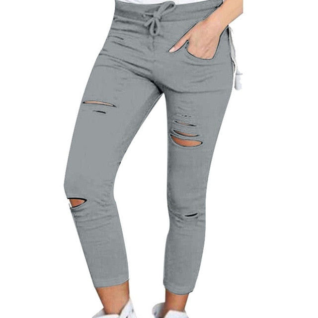 Plus Size Solid Color Drawstring High Waist Pencil Pants Ripped Skinny Leggings High Waist Pencil Pants Ripped Skinny Leggings P