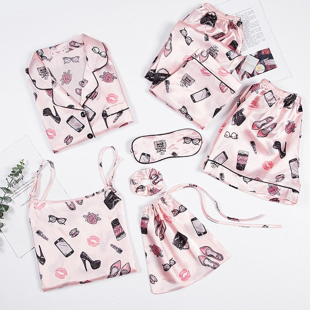 JULY'S SONG Pink Women's 7 Pieces Pajamas Sets Faux Silk Striped Pyjama Women Sleepwear Sets Spring Summer Autumn Homewear