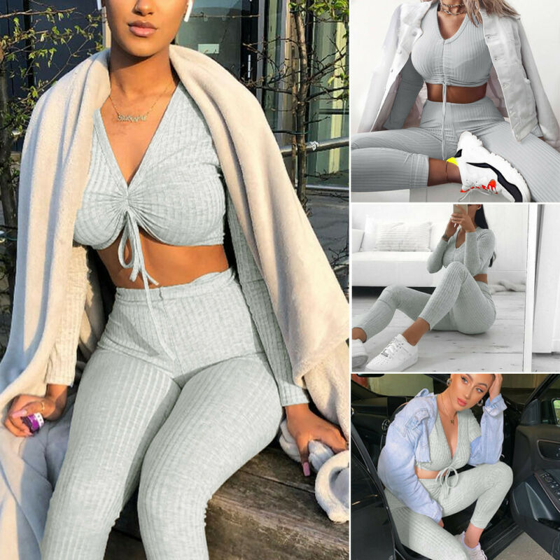 Women Clothes Set Knitted Solid Color Long Sleeve V Neck Ruched Drawstring Slim Cropped Tops High Waist Pants Lounge Wear Suit