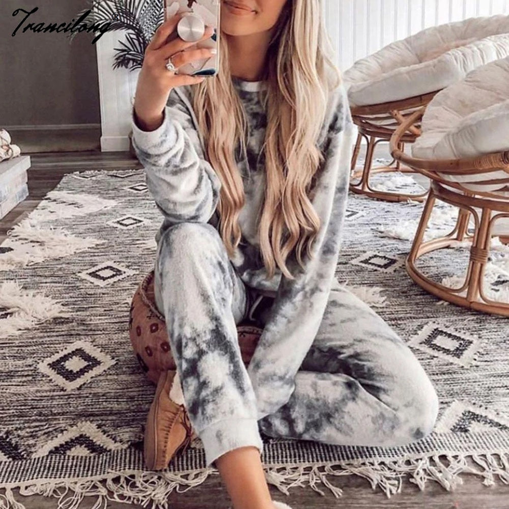Women Casual Tie Dye Tracksuit Pijama Home Two Piece Set Lounge Wear Sweatshirts Suit Loose Outfits Ropa Mujer Autumn Clothes