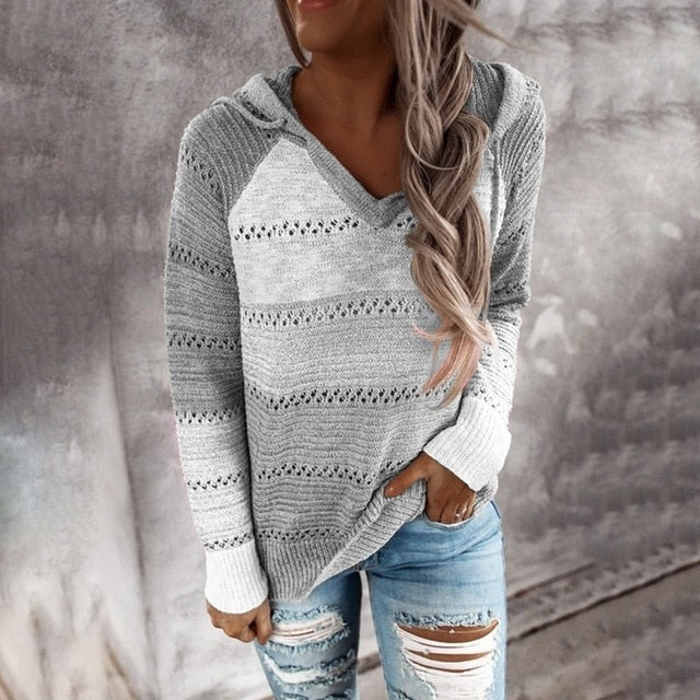 Women Knitted Hoodies Autumn Striped Hooded Sweatshirt Casual Patchwork V-Neck Long Sleeve Plus Size Female Hoody Pullover Tops