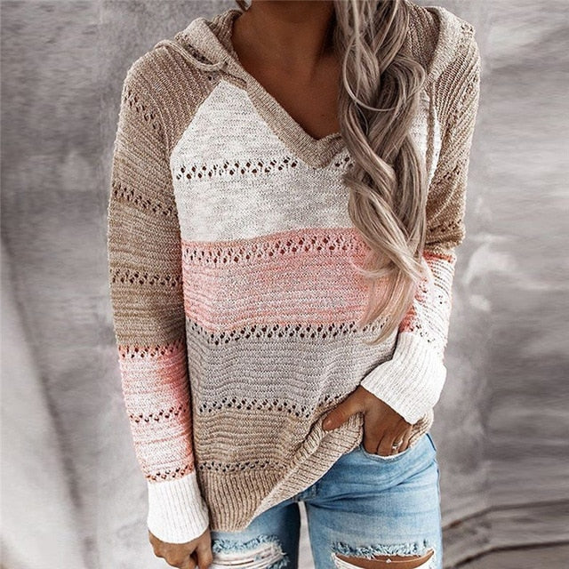 Women Knitted Hoodies Autumn Striped Hooded Sweatshirt Casual Patchwork V-Neck Long Sleeve Plus Size Female Hoody Pullover Tops