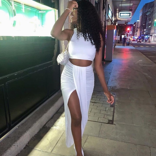 NewAsia Summer Women Crop Top Long Skirts Two Piece Set White Party Club Wear Sexy Split Skirts Sets Casual Clothing 2020 New