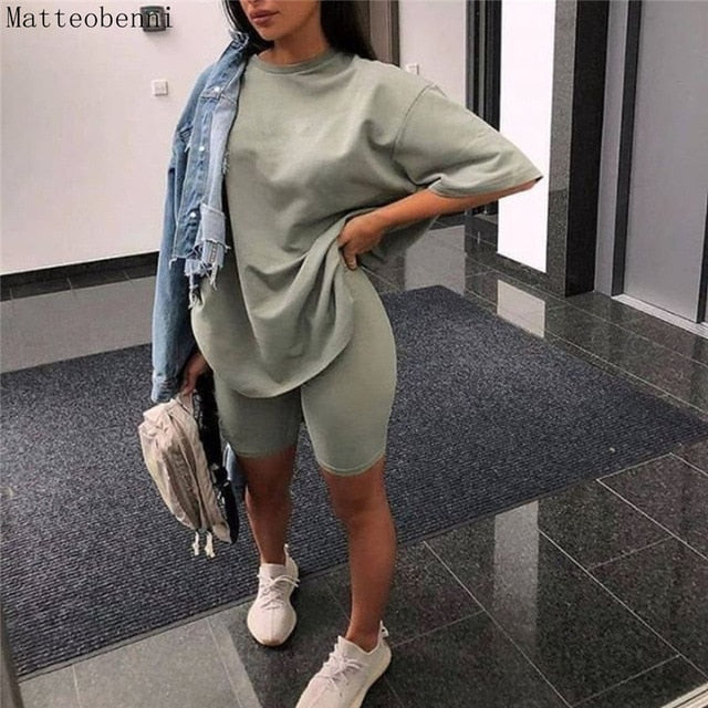 Women Fashion Casual Solid Two Piece Suit Including Belt New Home loose Tops And Shorts Suit 2020 Summer Tracksuit Lounge Wear