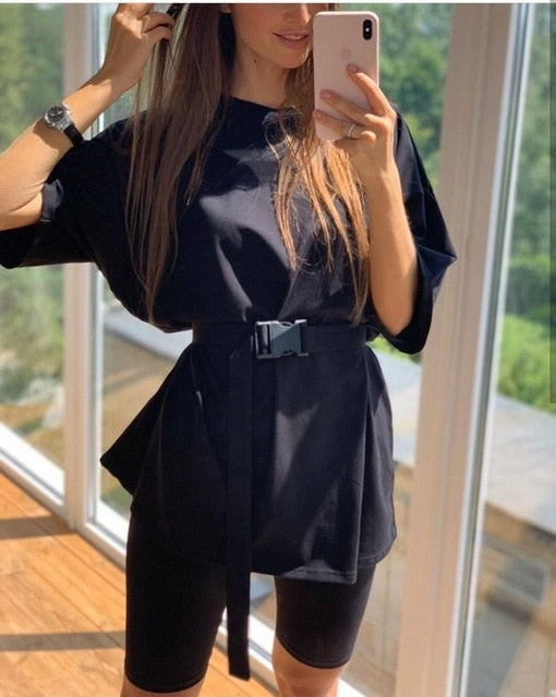 Women Fashion Casual Solid Two Piece Suit Including Belt New Home loose Tops And Shorts Suit 2020 Summer Tracksuit Lounge Wear