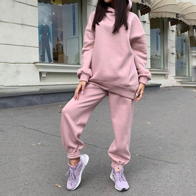 Women Elegant Solid Sets For Women Warm Hoodie Sweatshirts And Long Pant Fashion Two Piece Sets Ladies