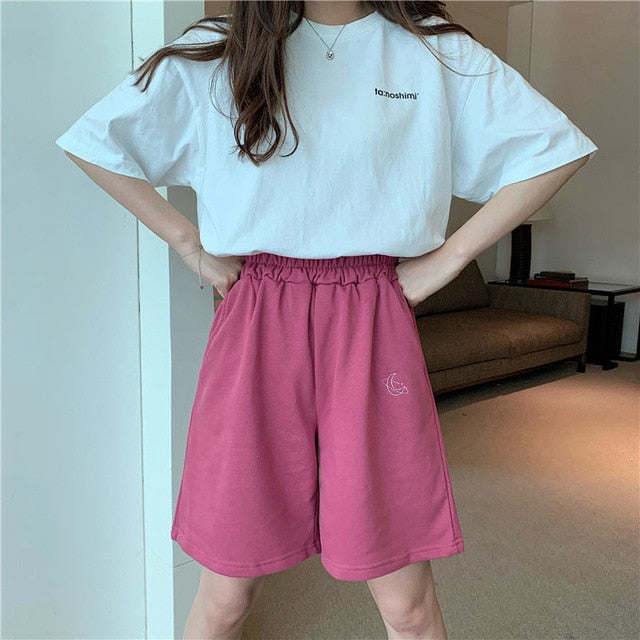 Elastic Waist Casual Beach Party Korean version clothing size High waist Moon embroidery movement shorts women Summer