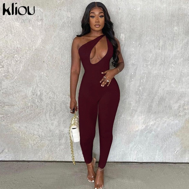 Kliou One Shoulder Sexy Cut Out Rompers Womens Jumpsuit 2021 Streetwear Solid Backless Active Wear Skinny Slim Jumpsuits Summer