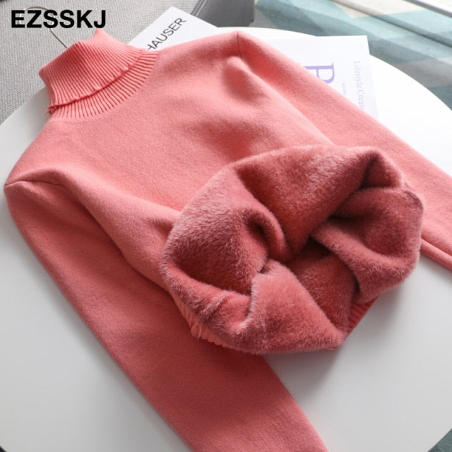 2021 Autumn winter cashmere basic warm Sweater velvet Pullovers Women female fur thick Turtleneck sweater knit Jumpers top