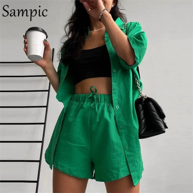 Sampic Loung Wear Tracksuit Women Shorts Set Stripe Long Sleeve Shirt Tops And Loose High Waisted Mini Shorts Two Piece Set 2021
