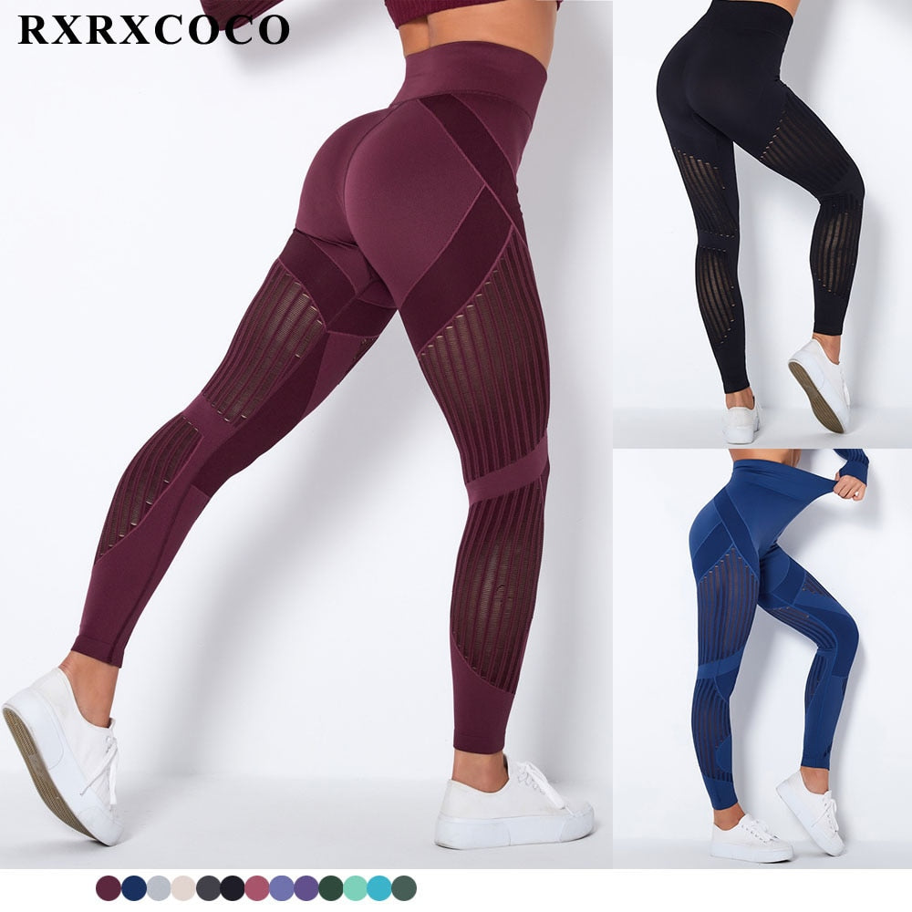 RXRXCOCO Fitness Yoga Pants Women's High Waist Seamless Leggings Push Up Pants Elastic Hollow out Fitness Sport Leggings Women