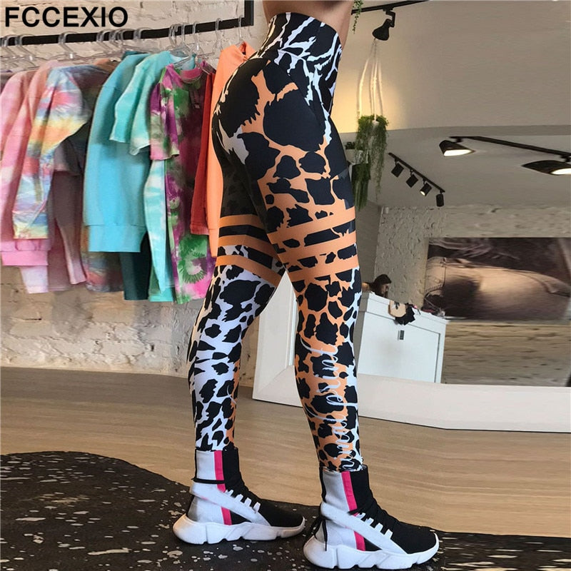 FCCEXIO Leopard Stripe 3D Print Women's Pants Push Up Running Sports Leggings Slim Pants Female Casual Trousers Fitness Leggings