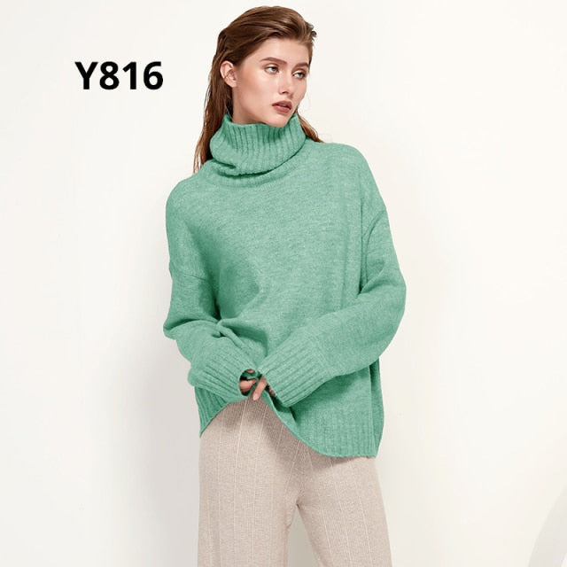 Aachoae Autumn Winter Women Knitted Turtleneck Wool Sweaters 2021 Casual Basic Pullover Jumper Batwing Long Sleeve Loose Tops