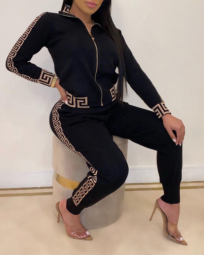 2021 Tracksuits Women Elegant Two-Pieces Suit Sets Female Stylish Plus Size Greek Fret Print Coat & Pant Zip Sets Joggers Women