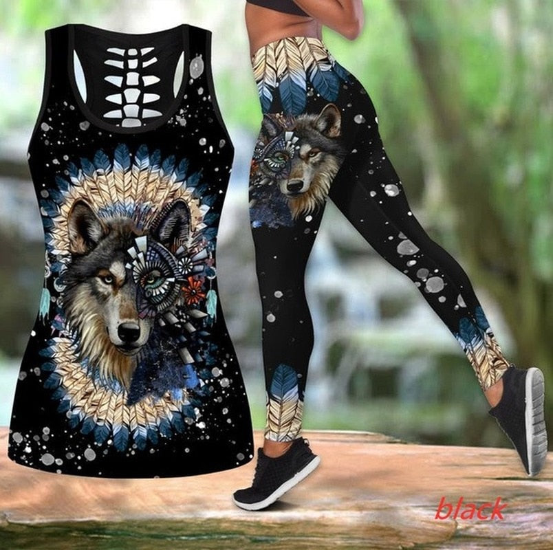 Yoga Set Women Wolf Print Sleeveless Top and Slim Legging Yoga Suit Running Fitness Gym Workout Casual Sport Suits