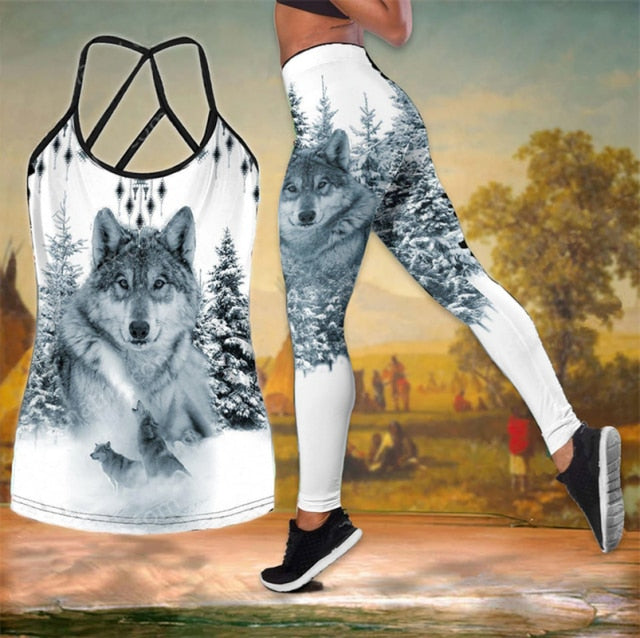Yoga Set Women Wolf Print Sleeveless Top and Slim Legging Yoga Suit Running Fitness Gym Workout Casual Sport Suits