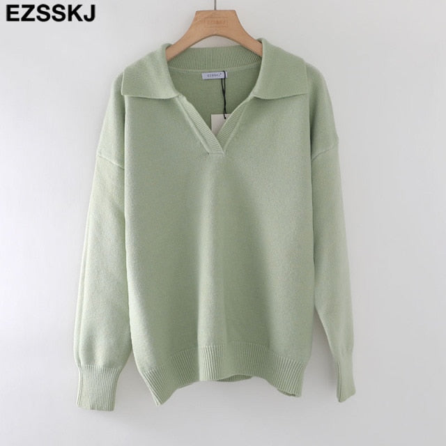 polo collar Autumn Winter Sweater pullovers Women 2021 loose thick cashmere Sweater Pullover women oversize sweater jumper