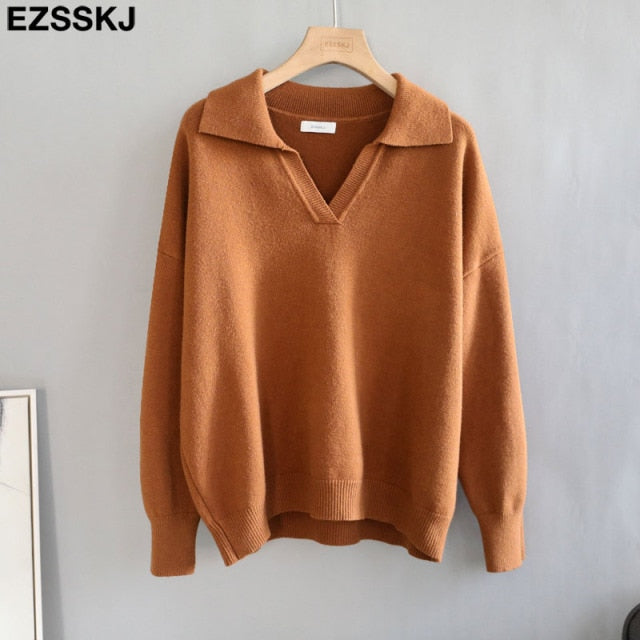 polo collar Autumn Winter Sweater pullovers Women 2021 loose thick cashmere Sweater Pullover women oversize sweater jumper