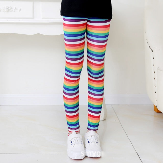 Girls Leggings for Kids Rainbow Print Casual Floral Pencil Pants Cute Toddler Skinny Trousers Teenage Child 2 To 9 Years